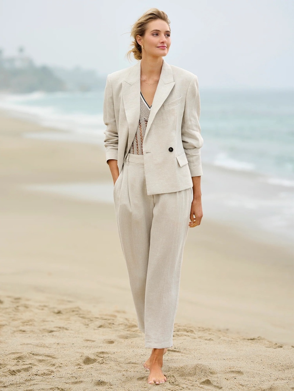 Brunello Cucinelli Double-Breasted Metallic Linen-Blend Blazer - Picture 3 of 17